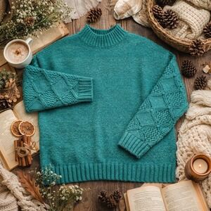 Emerald Teal Knit Sweater Diamond Textured Sleeves Mock Neck Cozy Pullover XL